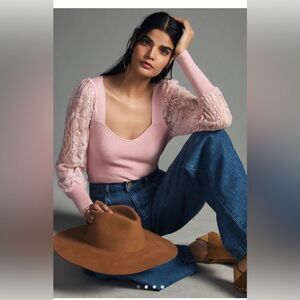 Anthropologie Lace-Sleeve Sweater Size XL Pink